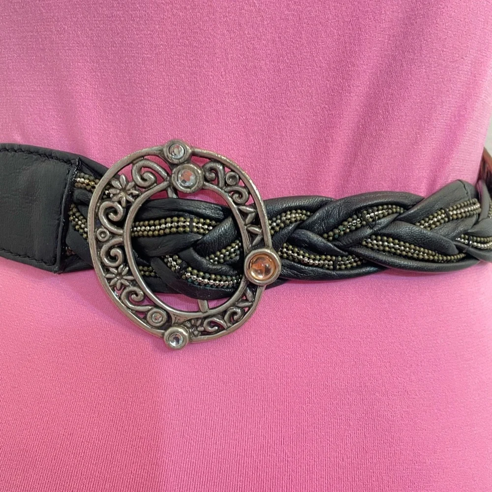 NWT Genuine leather Braided picadilly slouch black belt Brass silver s/m vintage
